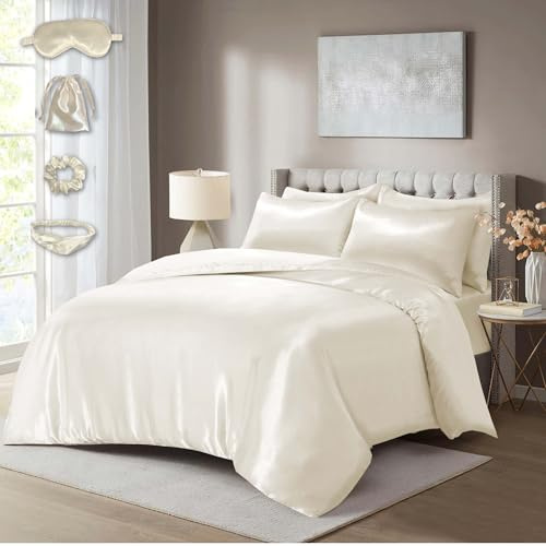 Hadi London Luxury 10 PCS Satin Complete Bedding Set with Duvet Cover, Fitted Sheet, Pillowcases & Matching with Eye Mask, Hair Band, Hair Cap & Pouch | Single Double King Super King (CREAM, DOUBLE)