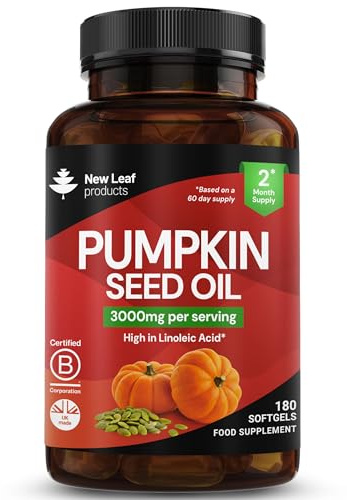 Pumpkin Seed Oil Capsules 3000mg - 100% Cold Pressed – 180 Softgels – 1500mg Linoleic Acid - Omega 6-Pumpkin Seed Oil for Hair Growth - UK Made By New Leaf Products 50% Linoleic Acid