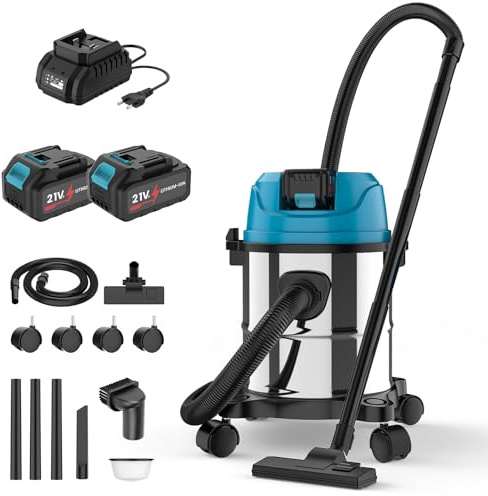 Aspiradora en húmedo y seco para batería Makita de 18V, aspirador industrial 3 en 1 con boquilla para ranuras, boquilla para tapicería, boquilla para suelo, depósito de acero inoxidable de 15 l