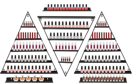 SUONTY Nagellackregal Wand, 5-stufiges dreieckiges Nagellackregal Set 6-TLG, Wandregal Nagellack für 90 Flaschen, Nagellack Aufbewahrung Metall Wandmontage für Nagelstudio Zuhause Zubehör, Schwarz