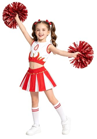 LOLANTA Mädchen Cheerleader Kostüm Schulkind Cheer Kostüm Outfit Karneval Kostüm(rot,134-140,Etikettengröße 140)