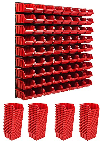Lagersystem Wandregal 772 x 780 mm | 72 stck. Box | Stapelboxen Schüttenregal Sichtlagerkästen | Extra Starke Wandplatten | Regal Erweiterbar | Werkstattregal Lagerregal Werkstattwandregal Steckregal