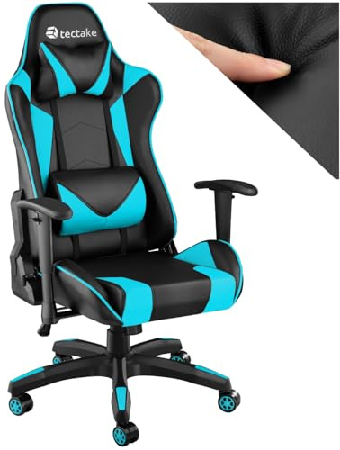 tectake® Sedia da Gaming per Gamer, Poltrona da Ufficio Ergonomica, Sedia Gaming con Braccioli Imbottiti, Doppie Rotelle Resistenti, Struttura Robusta, Regolabile, Portata fino a 120 kg - Nero/Azzurro