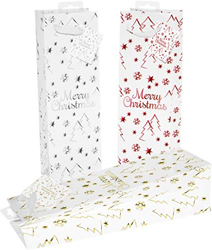 HEKU Hochglanz Merry Christmas Flaschentüten I Set von 24, Recyclingpapier, drei Farben, mit Klappkärtchen I Praktische Größe für Standardflaschen, 40x12x10 cm