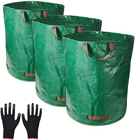 Sacchi da giardinaggio,3x 300L Sacchi per rifiuti da giardino - Polipropilene (PP) - Robusto,Antistrappo,Idrorepellente Riutilizzabile Borsa da Giardino,Include un paio di guanti protettivi
