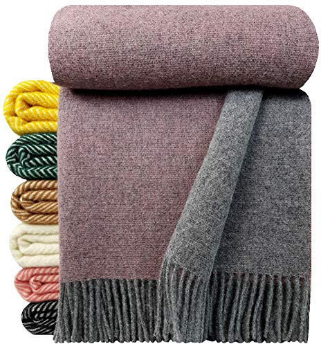 STTS International Wolldecke 100% Schurwolle Wohndecke in versch. Farben 140 x 200 cm Tagesdecke Schurwolldecke Woll-Plaid Tirol (Grau-Altrosa (Double face), 140 x 200 cm)