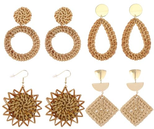 SOIMISS 4 Paare Rattan-ohrringe Makramee-ornamente Braid Ohrringe Handmade Rattan Ohrring Creolen Aus Ohrjacken- Für Frauen Boho Drop Quaste Geschenk Fräulein