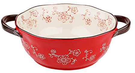 通用 JLWM Suppenschüssel mit 2 Henkel Handgemalte Blumen Instant-Nudelschüssel Suppentopf Keramikgeschirr Japanischer Stil Groß Küche Mikrowelle (620ml, rot)