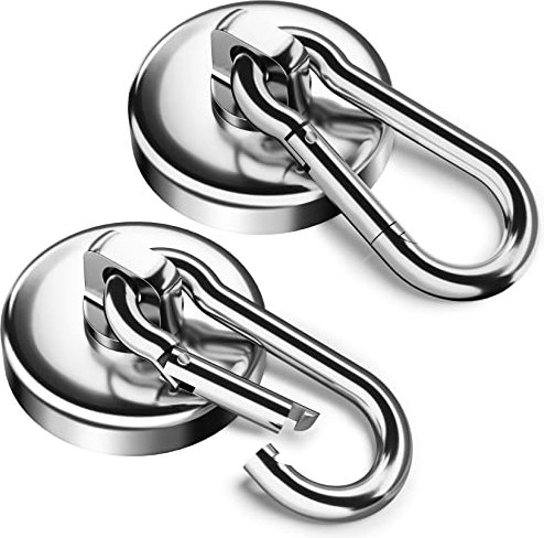 FINDMAG 2 Pack Large Magnetic Hooks, 45.5 KG(100 LBS) Super Strong Neodymium Magnets with Swivel Carabiner Snap Hooks, Strong Magnet Hook Heavy Duty for Indoor/Outdoor Hanging - 32 mm