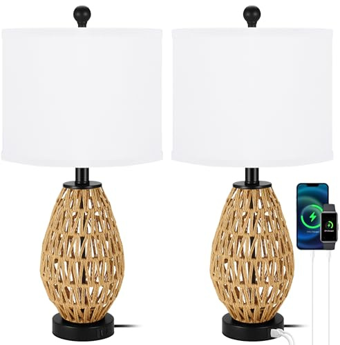 TPAMSWO Coastal Table Lamps Set of 2, Retro Rattan Woven 24 Bedside Lamp, for Bedroom Living Room Home Nightstand Table Lamp(with USB C+A 5V 2.1A Charging Ports)