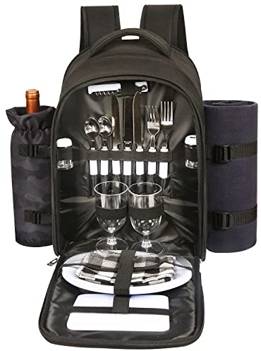 Hap Tim Picknick-Rucksack für 2 Personen mit isoliertem, auslaufsicherem Kühlfach, Weinhalter, Fleecedecke, Besteckset, Verlobungsgeschenke für Paare, Dunkelgrau (EU-3065-DG)