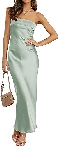 MEROKEETY Women 2025 Summer Strapless Satin Tube Bodycon Backless Wedding Guest Maxi Dress, Sage, S
