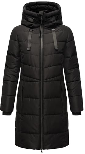 MARIKOO Damen Wintermantel warmer Steppmantel lang mit verstellbarer Kapuze und hohem Kragen Natsukoo XVI Black Gr. XL
