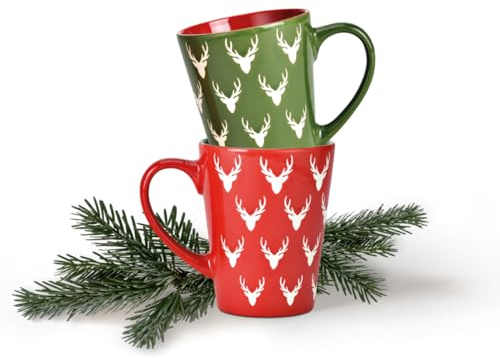 Tassen 6er Set Xmas in rot und grün - Amerikanische Keramik Kaffeebecher als Weihnachtstassen in 11 cm - Hirsch Geweih Kaffeetassen für Weihnachten spülmaschinenfest und mikrowellengeeignet