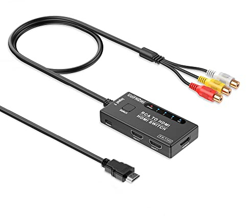 Adaptateur RCA vers HDMI, Convertisseur AV vers HDMI Sortie 3 en 1 (1 RCA et 2 entrée HDMI) Sortie HDMI avec prise en charge du câble HDMI 4K 3D 1080P pour lecteur DVD VHS-VCR Xbox PS5 Roku Blue-ray