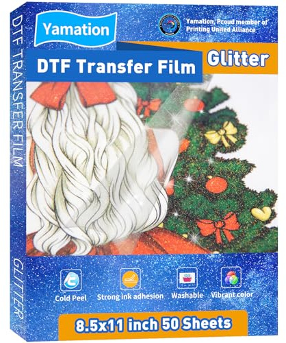 Yamation DTF Glitzer-Transferfolie: 21,6 x 27,9 cm, 50 Blatt PET-Papier, glänzend, klar, Kaltabziehfolie, Direktfolie für T-Shirt