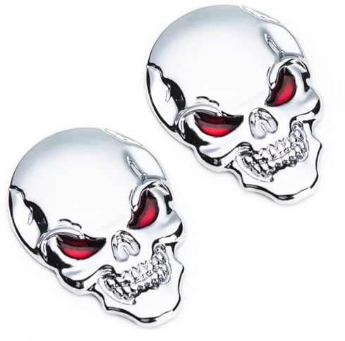 HSIXHAF Totenkopf 3D Metall Aufkleber Gummi 2 Metallaufkleber Zinklegierung Skelett 3D Aufkleber Auto Abzeichen Skelett Form Autos und Motorräder (Rote, Silber)