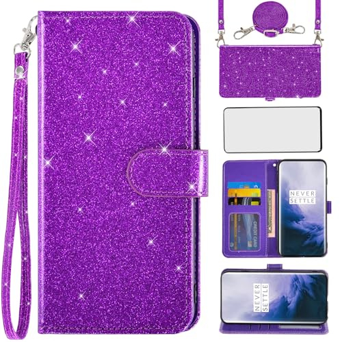Asuwish Funda para OnePlus 7 Pro Funda con cinta de lámina protectora para tarjetas, plegable, brillante, piel, monedero, soporte 7Pro GM1913, funda protectora de cristal para teléfono móvil, color