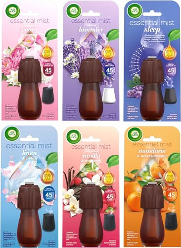 Air Wick Essential Mist Refills, Peony & Jasmine, Lavender, Sleep, Linen & Petals, Sweet Vanilla & Shea Butter, Mandarin & Sweet Orange, Pack 6 x 20ml, (6 different scents - 1 of each)