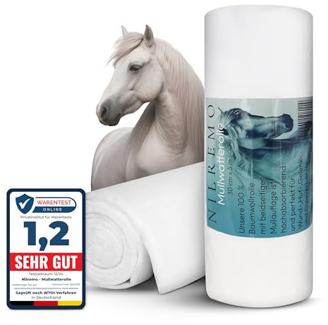Nilremo Pferde-Mullwatterolle im Mullumschlag, Verbandwatte 30cmx5m für optimale Wundversorgung und Schutz des Pferdes, perfekt für Stallapotheke (Weiss)