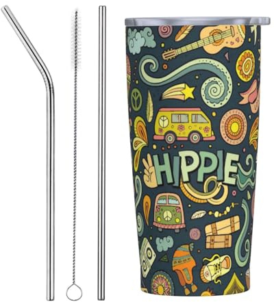VOSERY Botella de agua de 20 onzas con tapa y popote, vaso aislado hippie colorido de acero inoxidable, taza de café de viaje, vaso personalizado