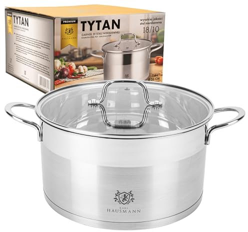 KARL HAUSMANN Faitout Inox - 7.6L - 26 cm - Marmite Induction en Acier Inoxydable 18/10 - Casserole avec Couvercle en Verre - fait tout tous feux - Faitouts Avec Échelle de Mesure - Cocotte Inox