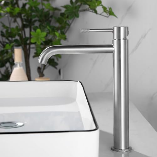 PHASAT Wasserhahn Bad, Waschtischarmatur für Waschbecken Gebürstet Einhebelmischer Hoch für Aufsatzwaschbecken mit Gebogenem Auslauf, Waschtischarmatur hoch PTMP23L