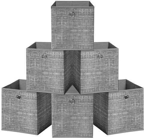 HEFTMAN Foldable Storage Cube Boxes - Set of 6 Grey Fabric Storage Boxes with Grommet Handle, Space Saving Fabric Cube Storage Boxes for Clothes, Toys, Books Organisation (26 x 26 x 28 cm - Grey)