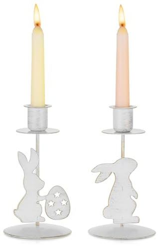 Sziqiqi Candlestick Holders for Easter Decorations: Bunny and Easter Egg Candle Holder Table Centrepiece for Taper Candles - 2Pcs Vintage White Easter Candle Holders for Easter Party Spring Home Decor