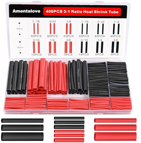 Amentalove 400 Stück 3:1 Schrumpfschlauch Set, Doppelwandiger Wärmeschrumpfschlauch Wasserdicht,6 Größen Heat Shrink Tube, Schrumpfschlauch mit Kleber für Zuhause, Automobil, Industrie (Schwarz & Rot)