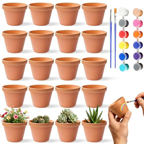 Celepoir 5x5,5 cm Mini Vasi Terracotta, 20 Pezzi Piccoli Vasetti Terracotta con Colori & Pennello, Mini Vasi in Terracotta con Fori di Drenaggio, Multipack, per Cactu, DIY, Regali, Natale, Feste Deco