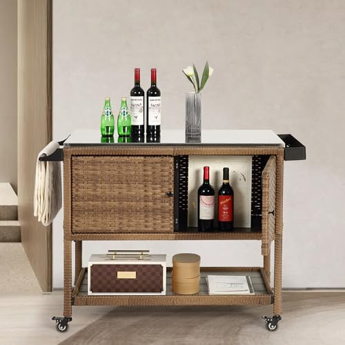 Villeston Wicker Outdoor Bar Cart with 4 Lockable Casters, Patio Prep Stainless Table with 2 Ratten Doors Storage Cabinet,Island Cart with WPC Shelf for Grill, Kitchen and Garden, Brown