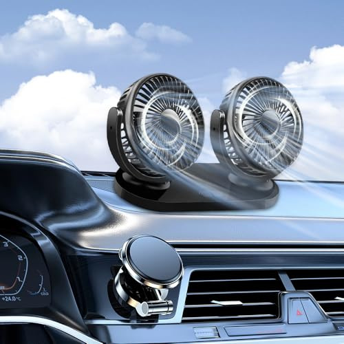 KUWUNG Car Fan Dual-Head, 12V/24V, Cooling Double Head, Portable Vehicle Mounted 360° Rotation Auto Desk Fan with 3 Speed Strong Wind Independent Control, USB Cooling Fans for Car Home Office