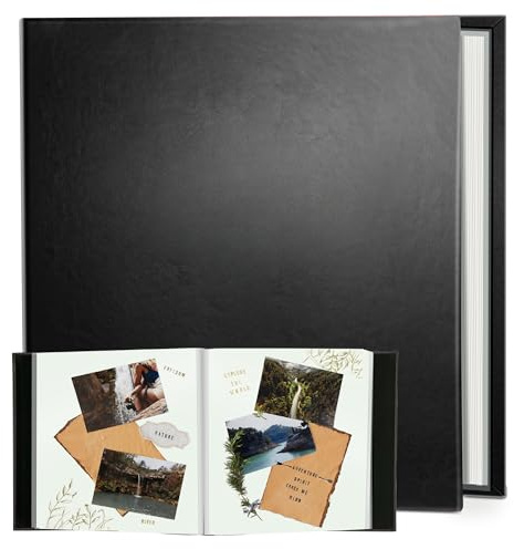 Rdylymx Photo Album Self Adhesive 5x3 6x4 7x5 8x6 10x8 A4 Magnetic Scrapbook Length 12.8x11 Inch 40 Pages Leather Cover DIY Photo Album with A Metallic Pen for Family Travel Wedding Baby (Black)