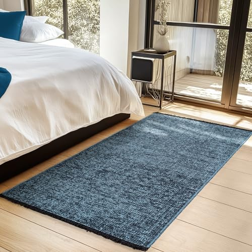 HomebyHome, Baumwolle Teppich Läufer Blau 80x150 cm - Waschbar, Boho-Stil, Vintage Kelim, Kurzflor, rutschfest & Weich, Einfarbig Meliert, Für Küche, Schlafzimmer & Flur