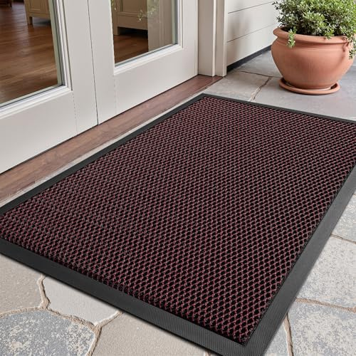 SIXHOME Fußmatte Schmutzfangmatte rutschfeste Türmatte mit Elastisches Netz Fußabtreter für Außen & Innen Waschbar Matte Wetterfester Schwarz-Rot 60 * 90cm