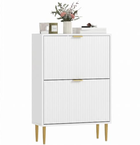 HOMCOM Narrow Shoe Cabinet with 2 Flip Drawers, Modern Slim Shoe Storage Cabinet with Fluted Doors and Adjustable Shelves for Hallway, Holds 6-12 Pairs, White