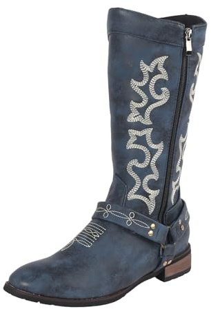 Xbemkste dam vintage långa stövlar med klack, västerländska cowboystövlar med broderi och dragkedja av läder, knähöga stövlar, höga damstövlar, vinterstövlar, blå, 40 EU