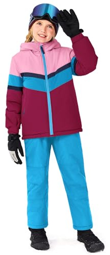 Haloumoning Girls 2 Piece Snowsuit Kids Waterproof Hooded Jacket and Snow Bibs Winter Ski Suit 5-14Y