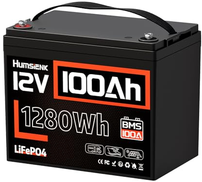 Humsienk Batería Litio LiFePO4 12V 100Ah, 1280Wh, BMS Inteligente de 100A, 4.000–15.000 Ciclos Profundos, Protección Baja Temperatura — para Solar, Autocaravana (RV), Emergencia