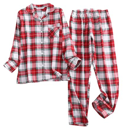 Pyjama à carreaux pour femme - 2 pièces - Pyjama à manches longues avec revers et bouton et pantalon long - Décontracté - Stretch - Vêtement d'intérieur - Hiver chaud - Confortable