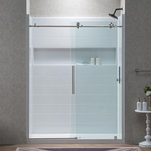 Woodbridge 60 L x 32 W Shower Combo Kit with Glue-Up Glossy White Shower Walls & Center Drain Base & 56–60 W Frameless Single Sliding Shower Door, 5/16 Clear Tempered Glass, Brushed Nickel