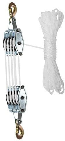 BOKIOESDE Il Per sistema di carrucole con gancio girevole a 270° rende il sollevamento di oggetti pesanti più efficiente con un paranco a fune portatile Per, Argento, Corda da 20 m