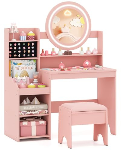 FANTASK Kinderschminktisch Set, Schminktisch Holz mit Spiegel, Regalen & gepolstertem Hocker, Frisiertisch mit Beleuchtung, Kosmetiktisch für Mädchen ab 3 Jahren (Rosa)