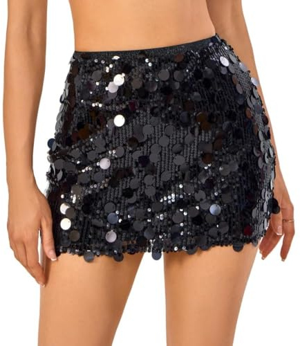 Mizogleam Sequin Skirt Women Stretchy Bodycon Wrap Mini Skirt Sparkly Glitter Shiny for Club Date Night Out Party Outfit Black