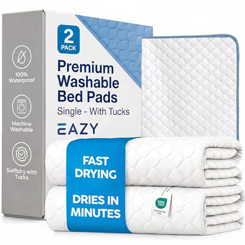 Eazy SwiftDry Reusable Bed Pad, Waterproof Incontinence Bed Pads for Adults, Washable Underpad with Anti Slip Wings, Super Absorbent Mattress Protector, 2 Packs