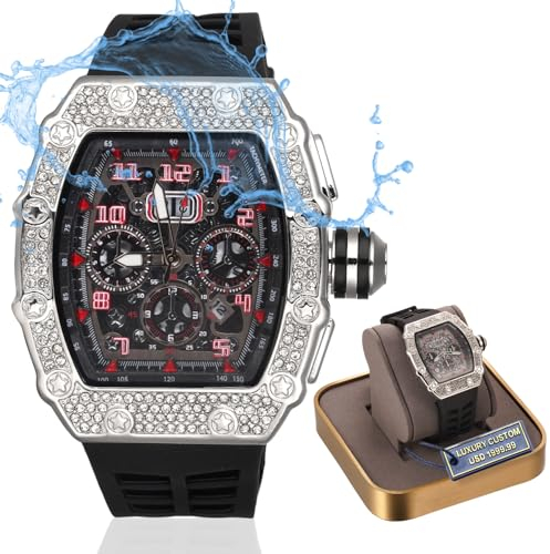 Halukakah Premium Diamant Golduhr für Herren,Luxus Platin Weißgold Plattiert,Wasserdicht,Mechanisch Inspiriertes Zifferblatt Iced Out,Verstellbares Schwarzes Armband,Geschenkbox Inklusive