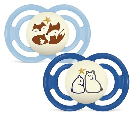 MAM Perfect Schnuller für Babys, ab 6 Monaten, Blau, 2 Stück | Leuchtet im Dunkeln mit extra dünnem und flexiblem Sauger aus Skin Soft Silicone, mit selbststerilisierender Box