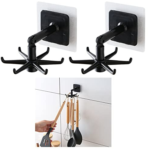 elthmpr Hakenleiste für Küchenutensilien 360 ° Drehung Haken für Küchenutensilien mit 6 Haken 2PCS Befestigen ohne Bohren Rack für KücheBadHängende Aufbewahrung