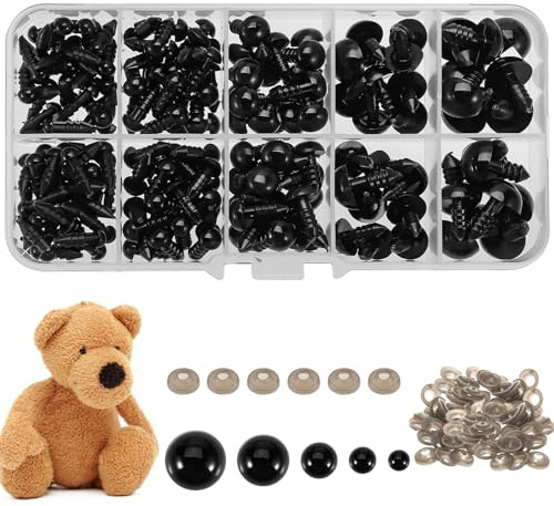 200 Stück Sicherheitsaugen, 5–12 mm Puppenaugen mit Unterlegscheiben | Augen für Häkeltiere Kunststoffaugen mit Box für Marionetten Plüschtier Heimwerker
